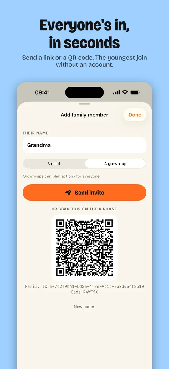 Inviting the family with a link or QR code